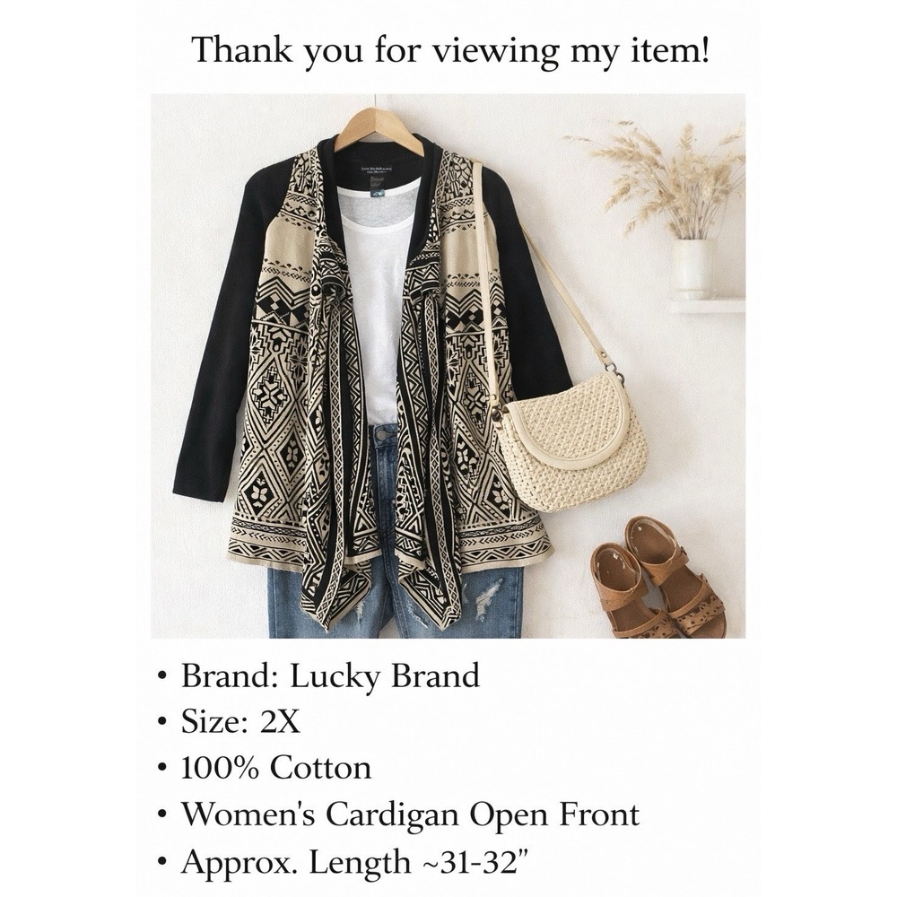 Lucky Brand 100% Cotton Black/Tan Aztec Open Front Cardigan Sweater Size 2X